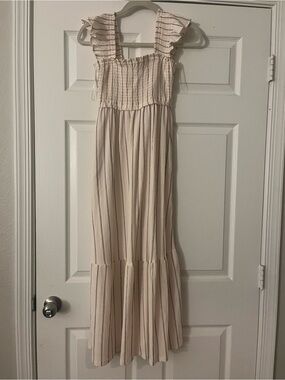 Smocked Square-Neck Maxi Dress in Light Cream